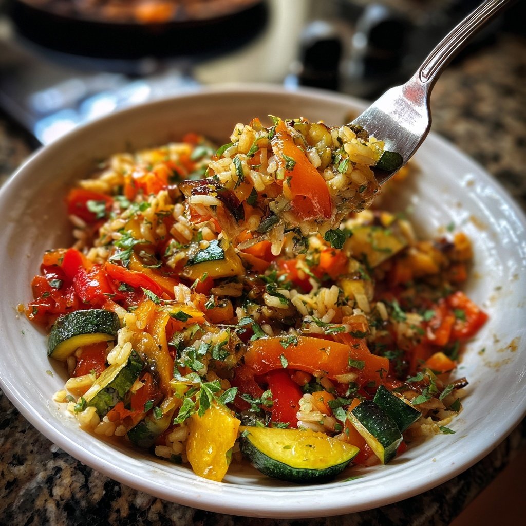 Mittagessen mit Gemüsepfanne und Reis